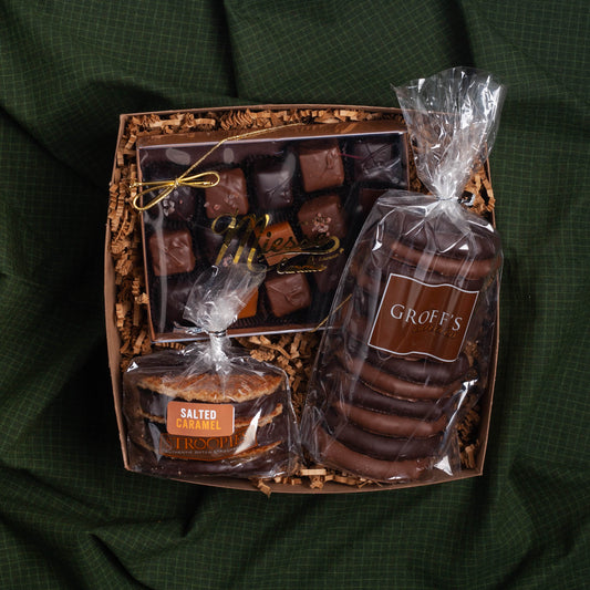 Lancaster Gift Box - Chocolate Classics filled with chocolate caramels, chocolate-covered pretzels and stroopies. 