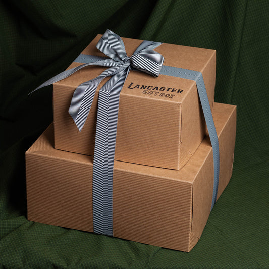 Lancaster Gift Box Tower tied with black & white bow.